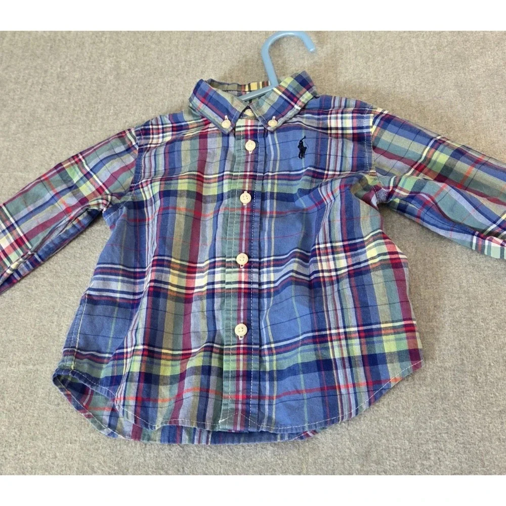 Polo Ralph Lauren Button Down Shirt Baby Infant Boys 9M Blue Plaid Pony Logo
